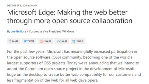 微软宣布Edge将采用Chromium内核 还有苹果版