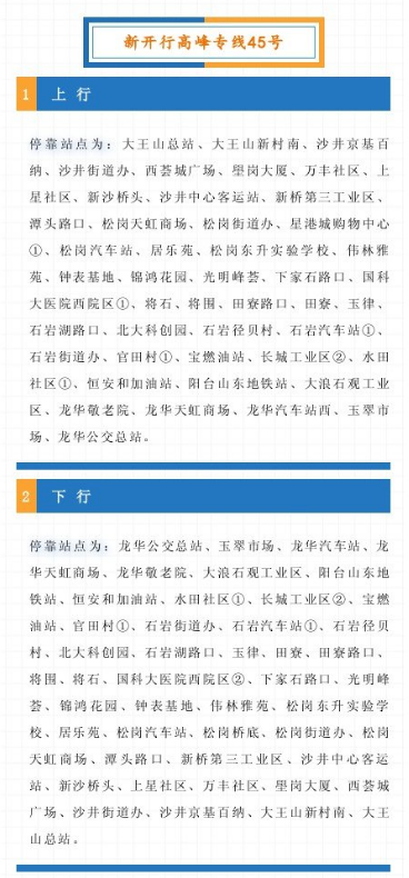 2020年12月30日起深圳高峰专线45号开通运营详情