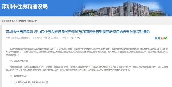 深圳坪山新东方丽园1550套安居房8月30日开始选房