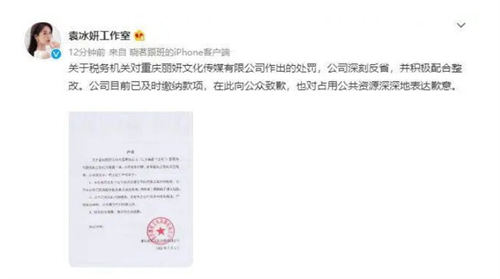 袁冰妍公司偷漏税被罚97万 工作室火速发文致歉